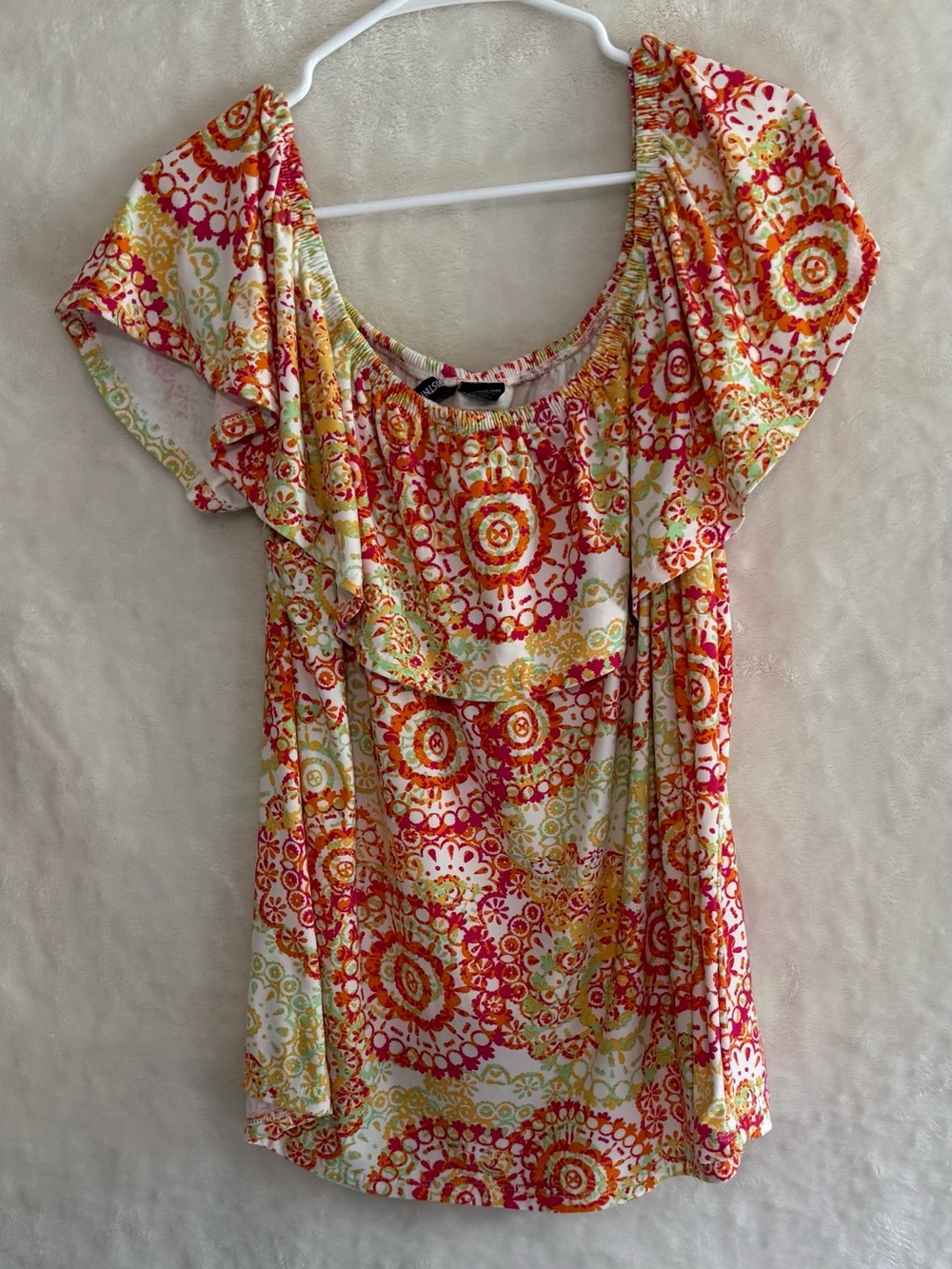 Women’s Floral Medallion Short Sleeve Top - Orange & Pink
